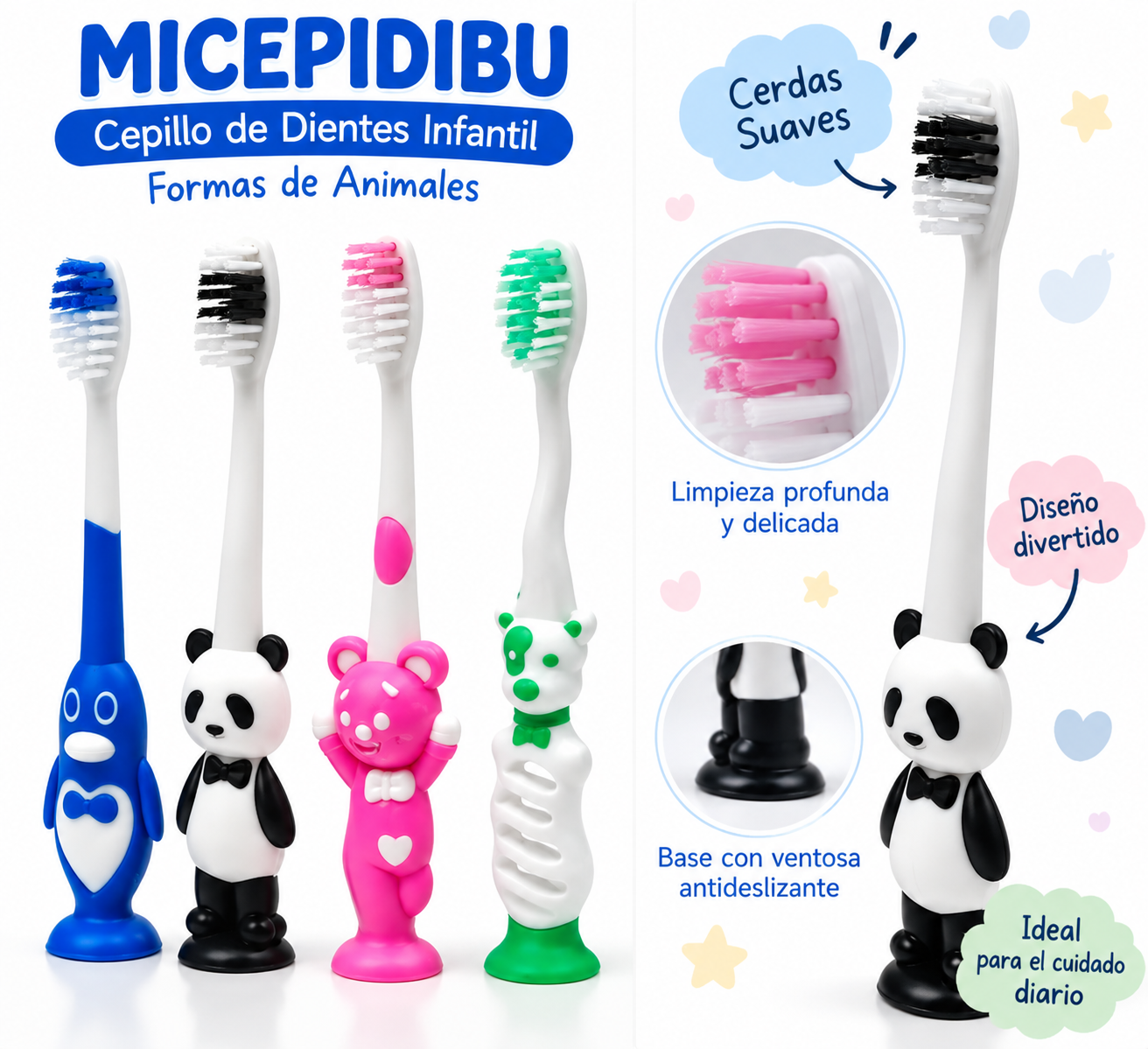 Cepillo de dientes infantil con figuras de animales X 12 unidades