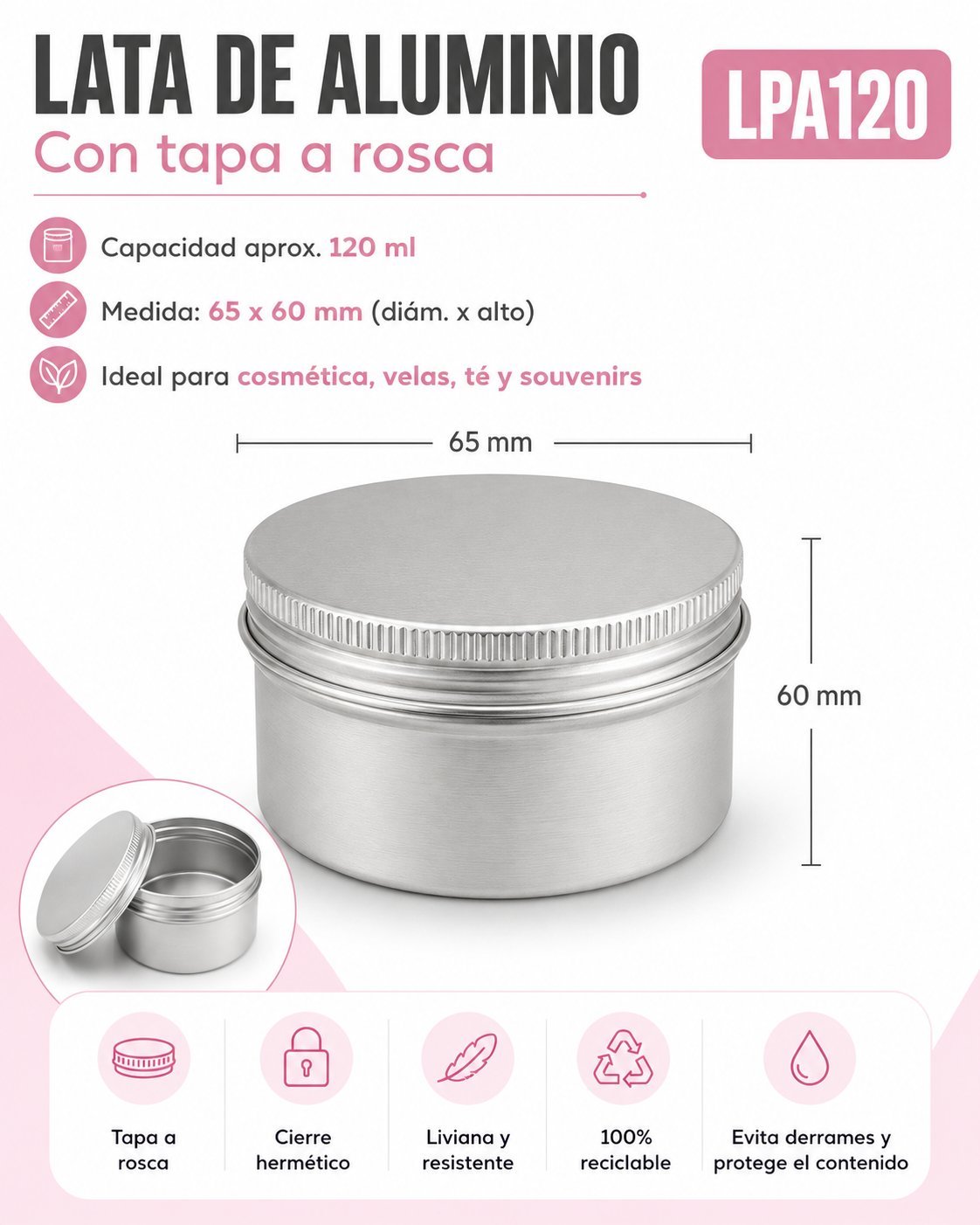 Lata de Aluminio 65×60mm (120ml aprox.)