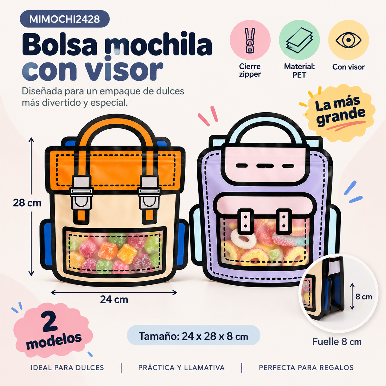 Bolsa mochila PET con visor 24x28x8 cm