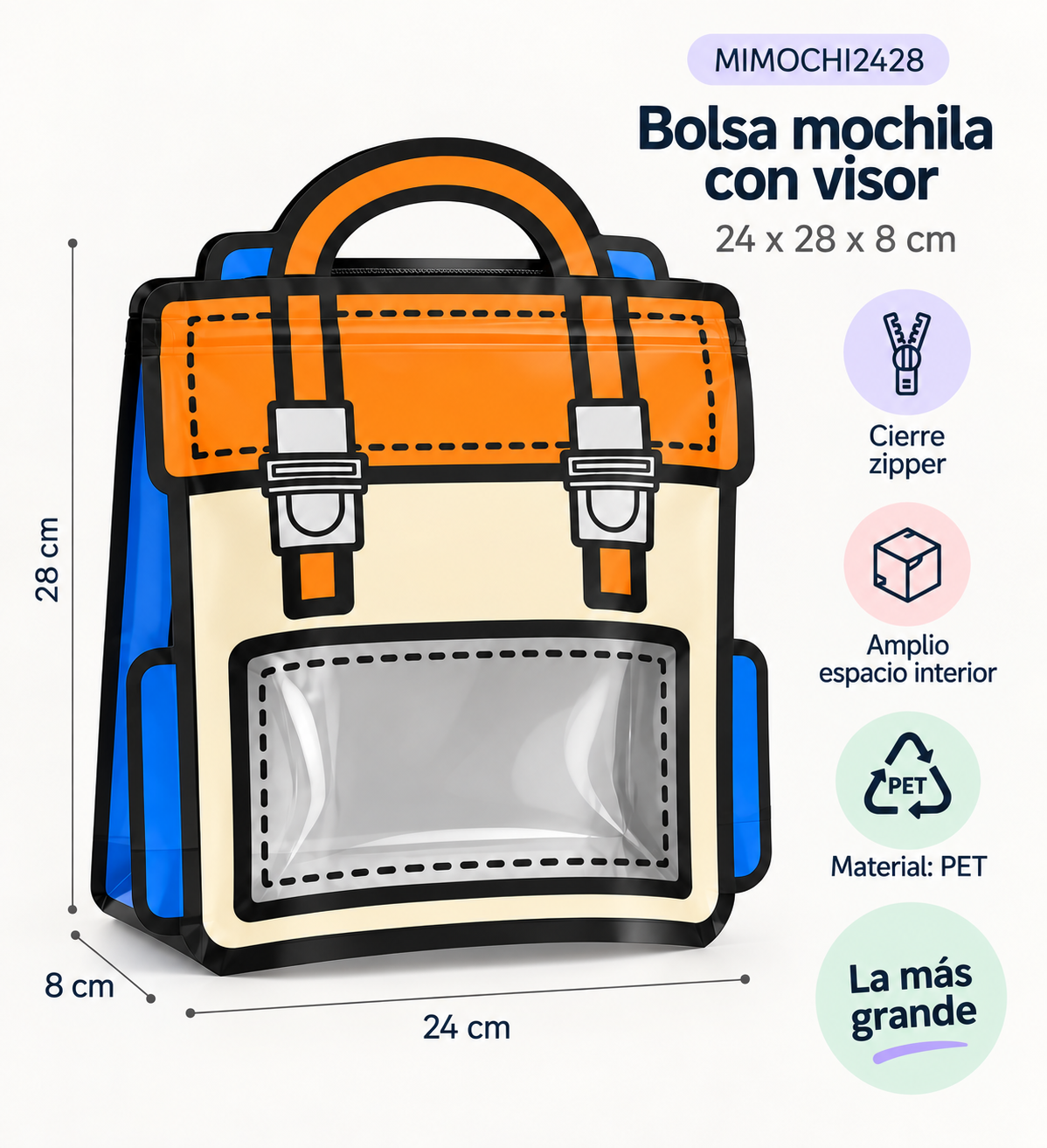 Bolsa mochila PET con visor 24x28x8 cm vista 2