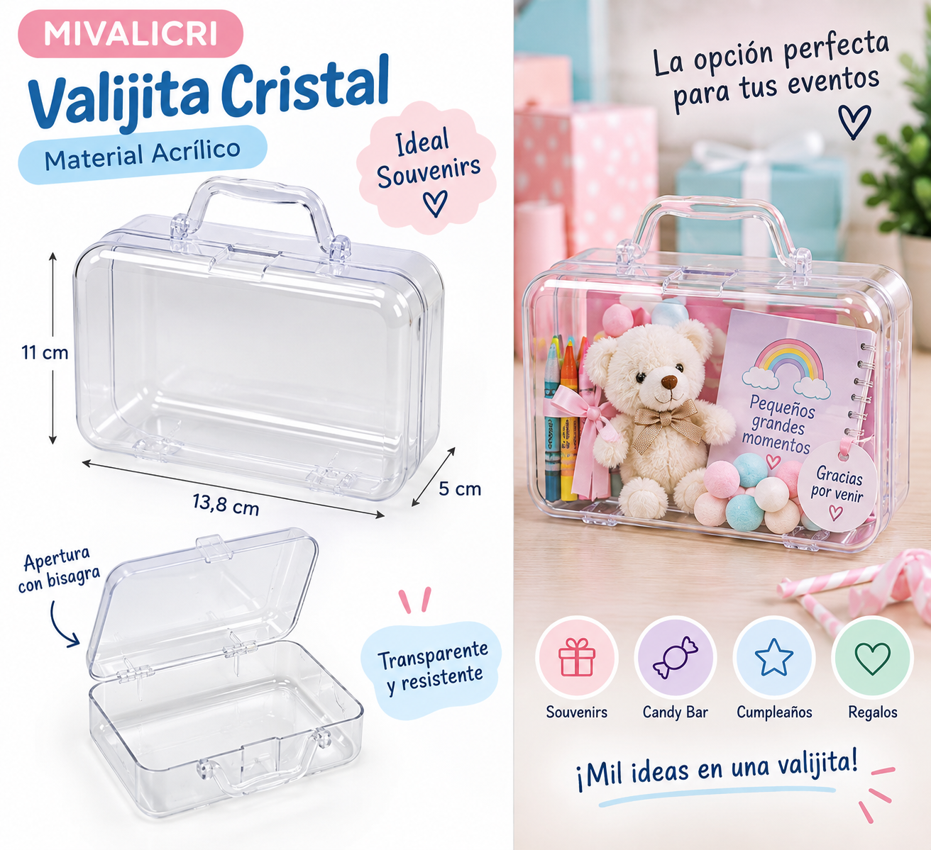 Valijita cristal acrílica 13,8 cm para souvenirs vista 2