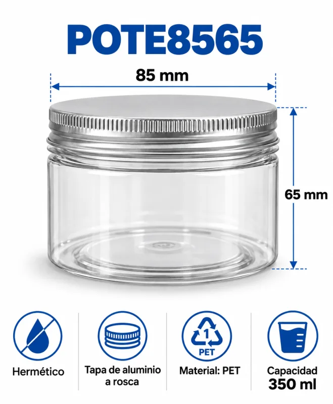 Pote PET transparente 350 ml (85X65mm) con tapa de aluminio a rosca