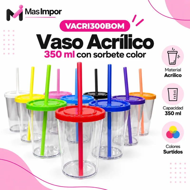 Vaso CRISTAL 350cc con tapa y sorbete COLOR Medida 7,5x10,5 cm (diam x alto)