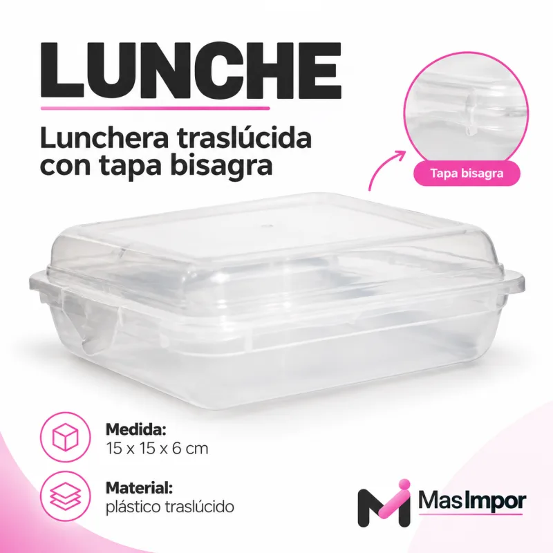 Lunchera contenedor organizador transparente con tapa bisagra ideal para personalizar