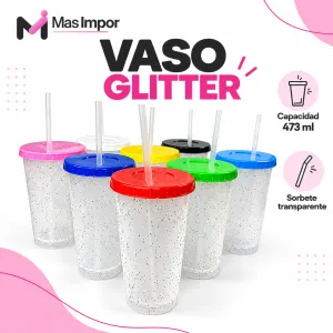 Vaso Glitter 500ml con tapa. Sorbete transparente