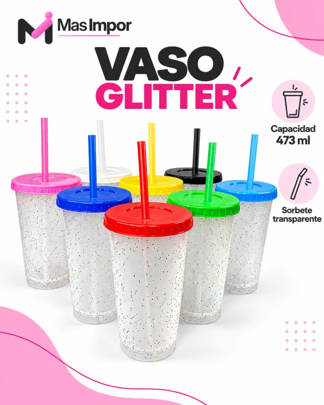 Vaso Glitter 500ml con tapa. Sorbete Color